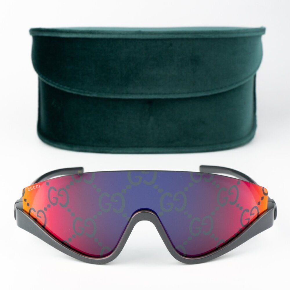 NEW Gucci GG1650S 009 Grey Red Mirror Logo Unisex Shield Mask Sunglasses